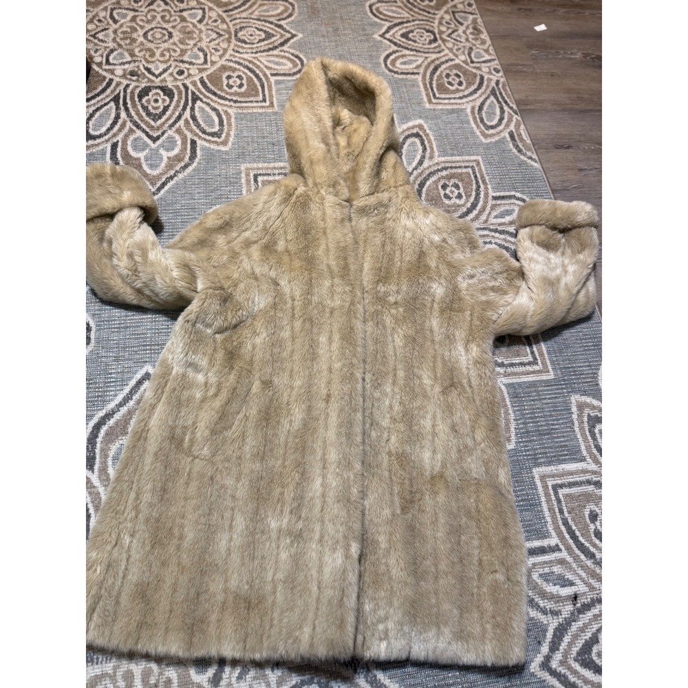Alpine Studio Faux Fur Hooded Coat Tan Beige Longline Jacket Womens Large L